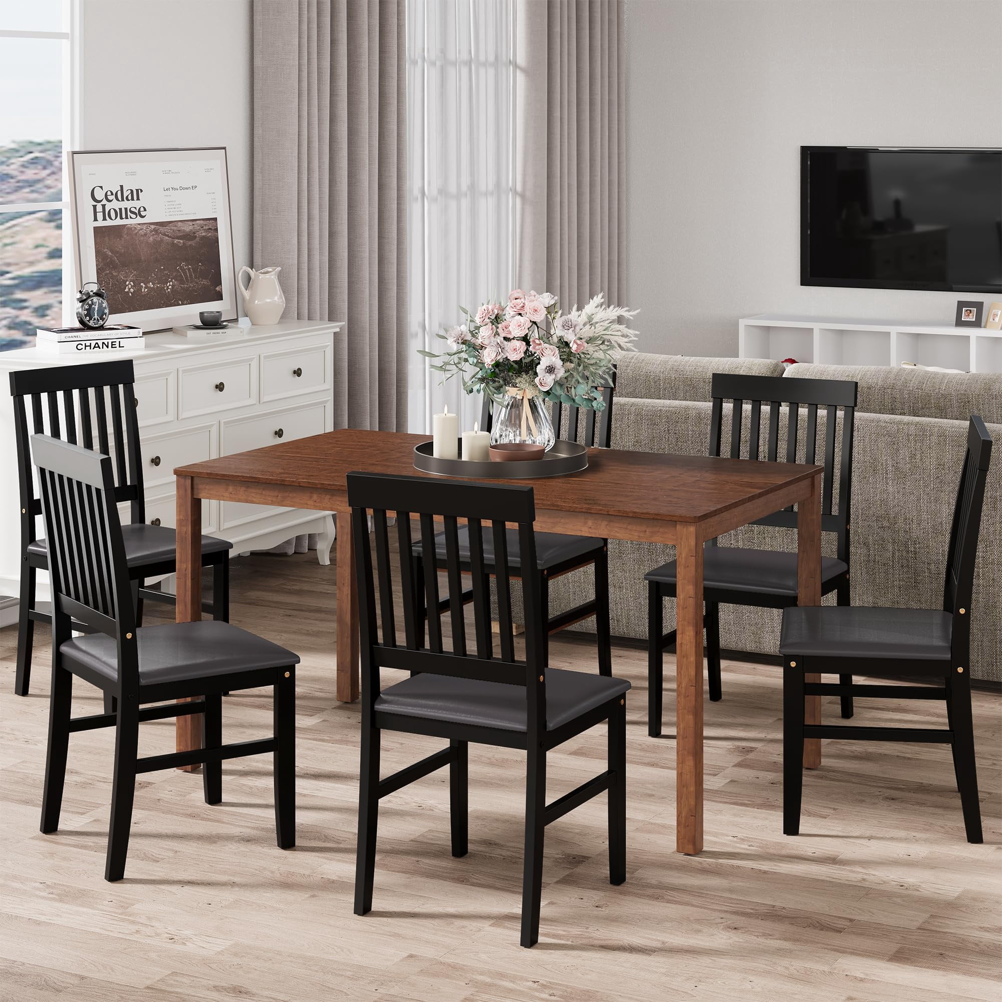 Heynemo 7-Piece Dining Set, Compact Kitchen Room Table Set with 6 ...