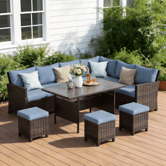 Heynemo 7 Piece Outdoor Conversation Set All Weather Wicker Sectional Sofa Set with Dining Table and Ottoman,Blue