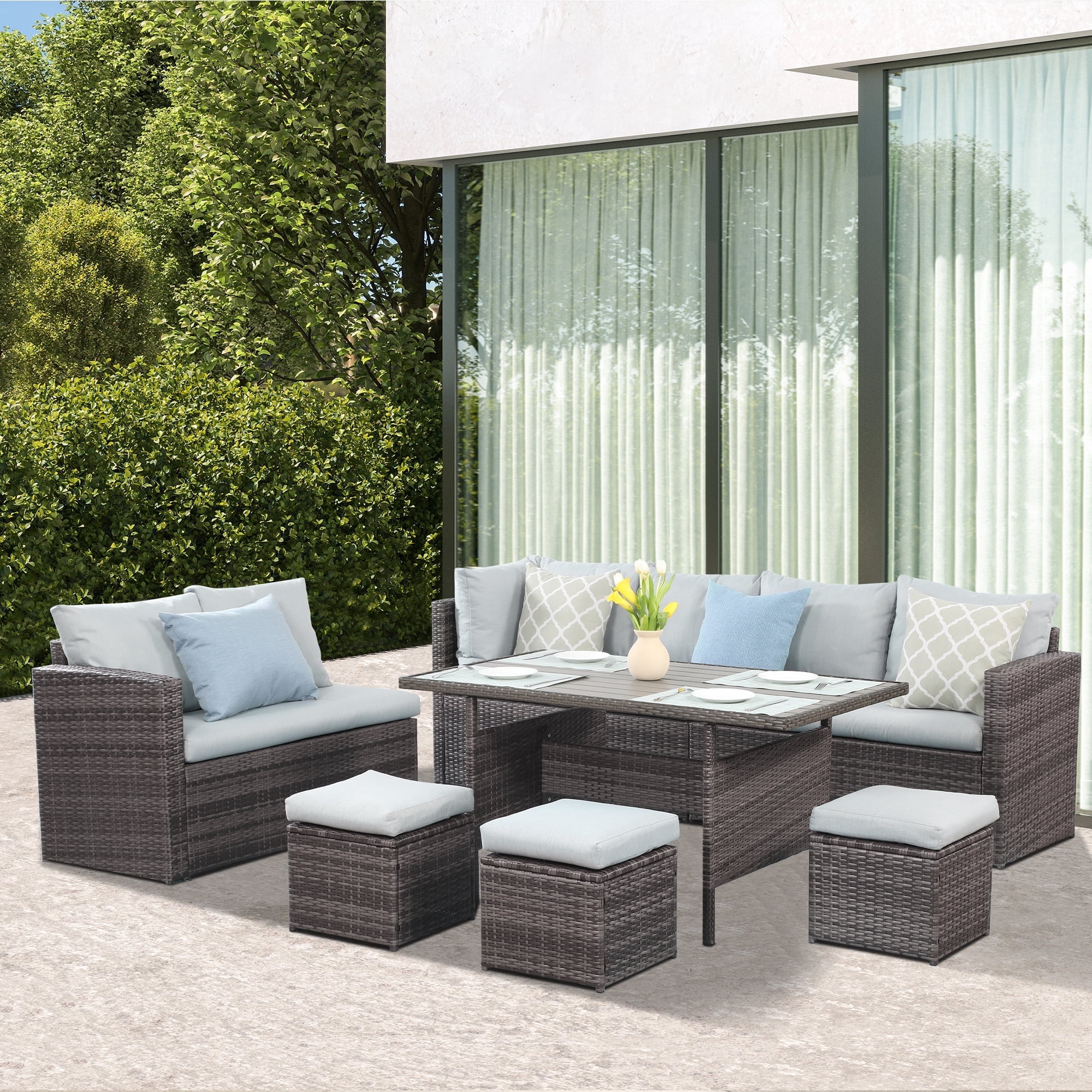 Heynemo 7 Piece Outdoor Conversation Set All Weather Wicker Sectional Sofa Set with Dining Table and Ottoman,Grey