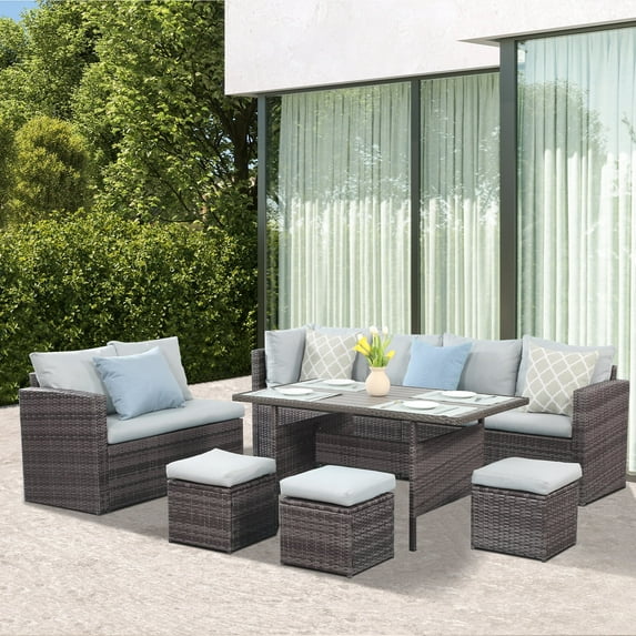 Heynemo 7 Piece Outdoor Conversation Set All Weather Wicker Sectional Sofa Set with Dining Table and Ottoman,Grey