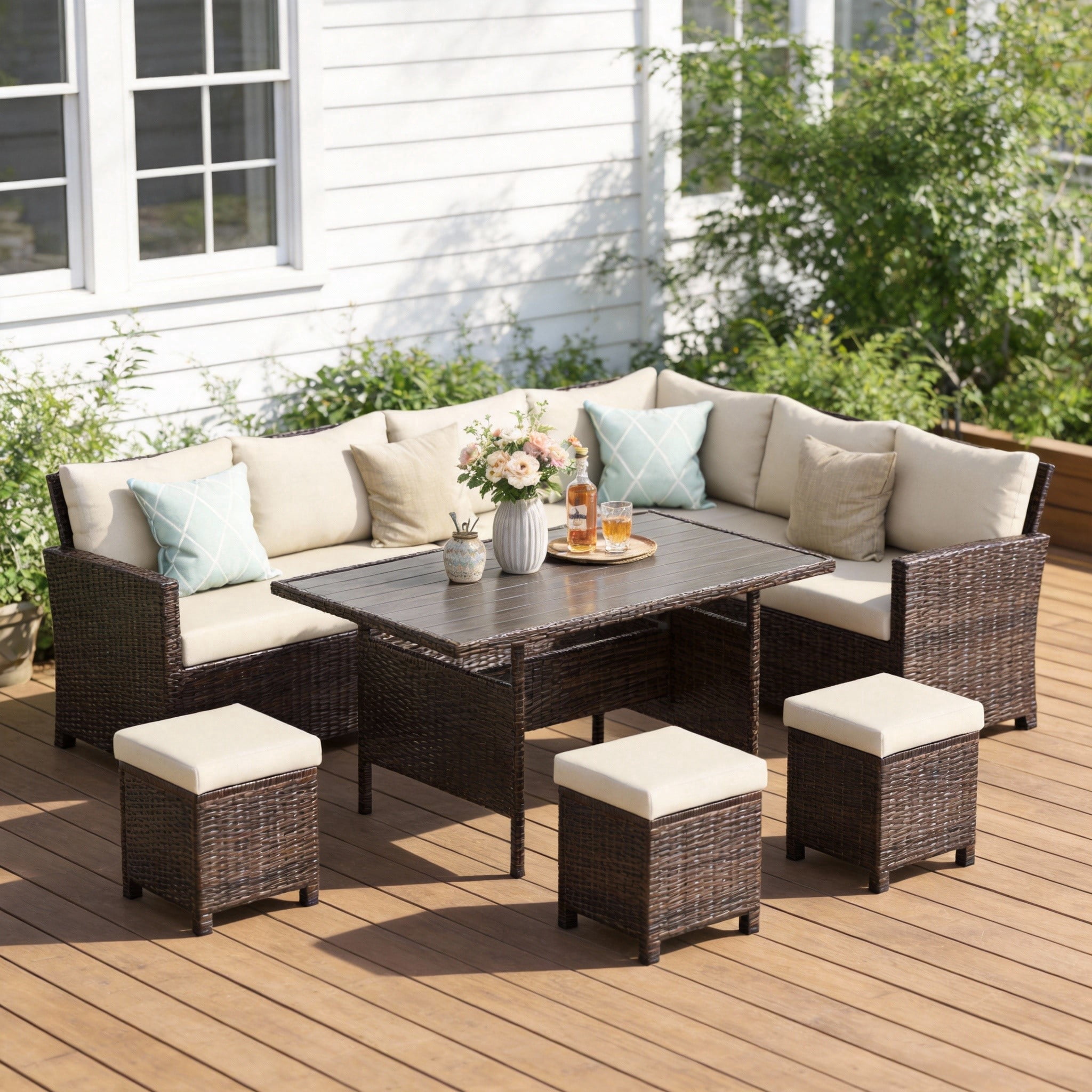 Heynemo 7-Piece Outdoor Patio Furniture Set, All-Weather Wicker Outdoor Dining Set with Table, Chairs & Ottoman, Beige