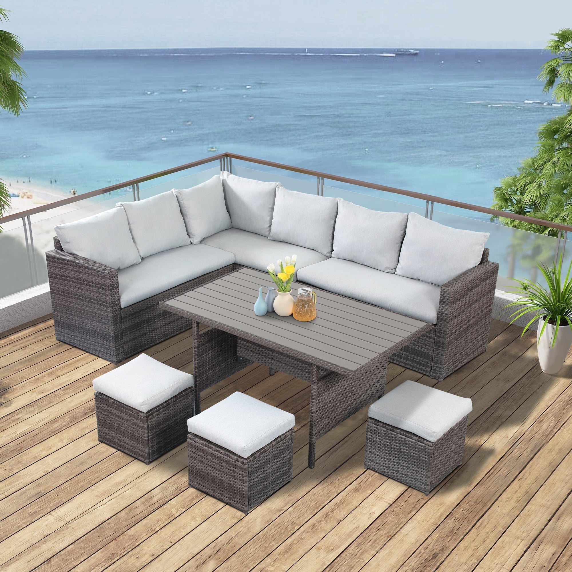 Heynemo 7-Piece Outdoor Patio Furniture Set, PE Rattan Sectional Sofa with Dining Table & Cushioned Ottomans