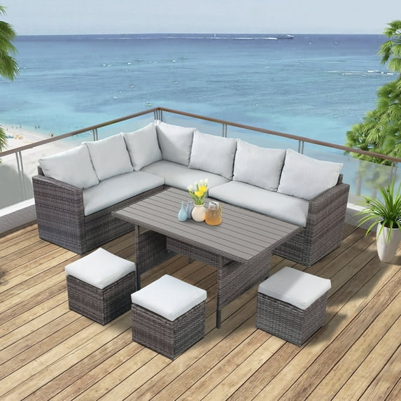 Heynemo 7-Piece Outdoor Patio Furniture Set, PE Rattan Sectional Sofa with Dining Table & Cushioned Ottomans