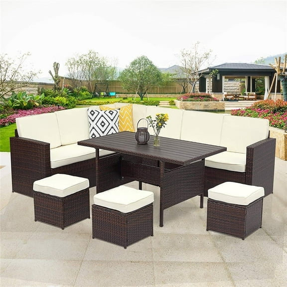 Heynemo 7pcs Outdoor Patio Rattan Sectional Furniture Set with Beige Cushions