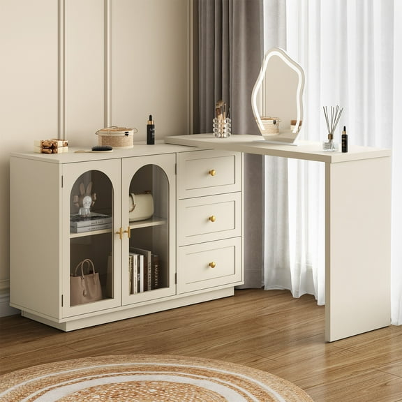 Heynemo 83'' Extendable Corner Vanity Desk with Rotatable Tabletop, 3 Drawers & 2 Doors, for Bedroom, Dressing Room