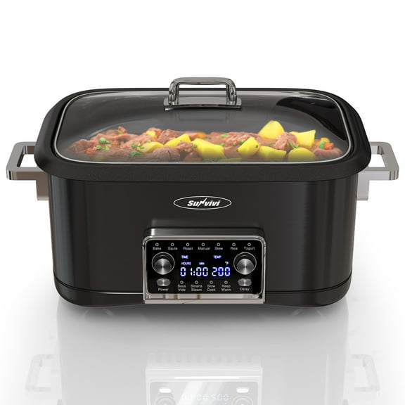 Heynemo 8QT 12-in-1 Programmable Slow Cooker, Multi-Cooker with Timer, Temperature Control, Removable Non-Stick Pot & Dishwasher-Safe Glass Lid, Black