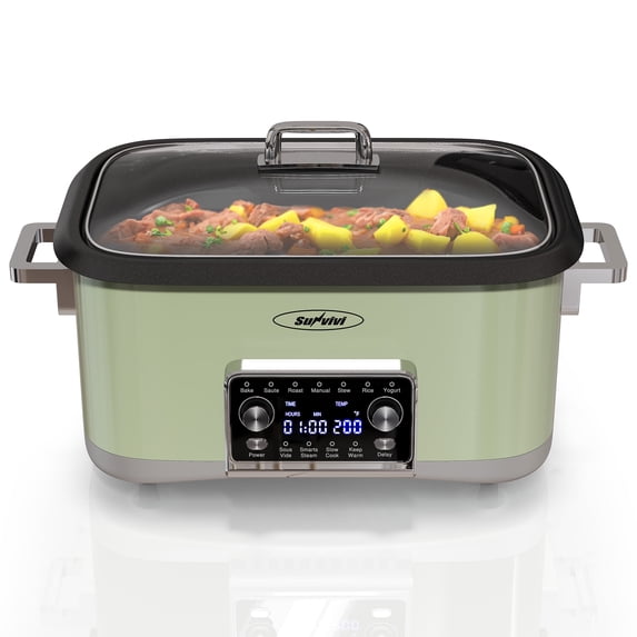 Heynemo 8QT 12-in-1 Programmable Slow Cooker, Multi-Cooker with Timer, Temperature Control, Removable Non-Stick Pot & Dishwasher-Safe Glass Lid, Green