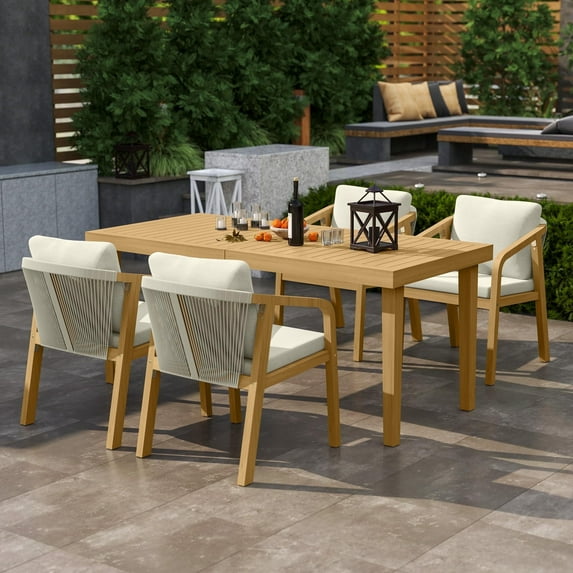 Heynemo 5 Pieces Acacia Patio Dining Set , Patio Dining Table and Chairs Set, Modern Outdoor Dining Furniture Set for Lawn Backyard Garden Deck, Beige