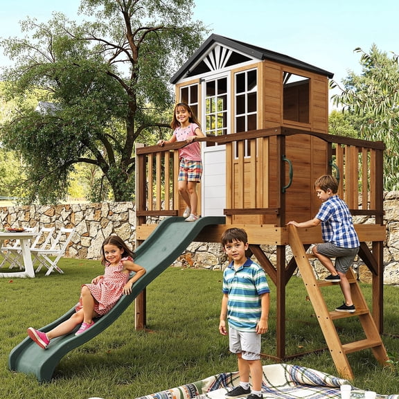 Heynemo All-in-One Backyard Playset for Kids 3-10: 9-in-1 Wooden Playhouse with Slide, Sandbox & Pretend Kitchen for Imaginative Outdoor Fun