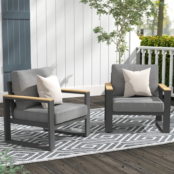 Heynemo Aluminum Outdoor Armchair, 2 Pieces All-Weather Metal Patio Single Sofa, Patio Conversation Set for Porch Backyard Garden, Grey