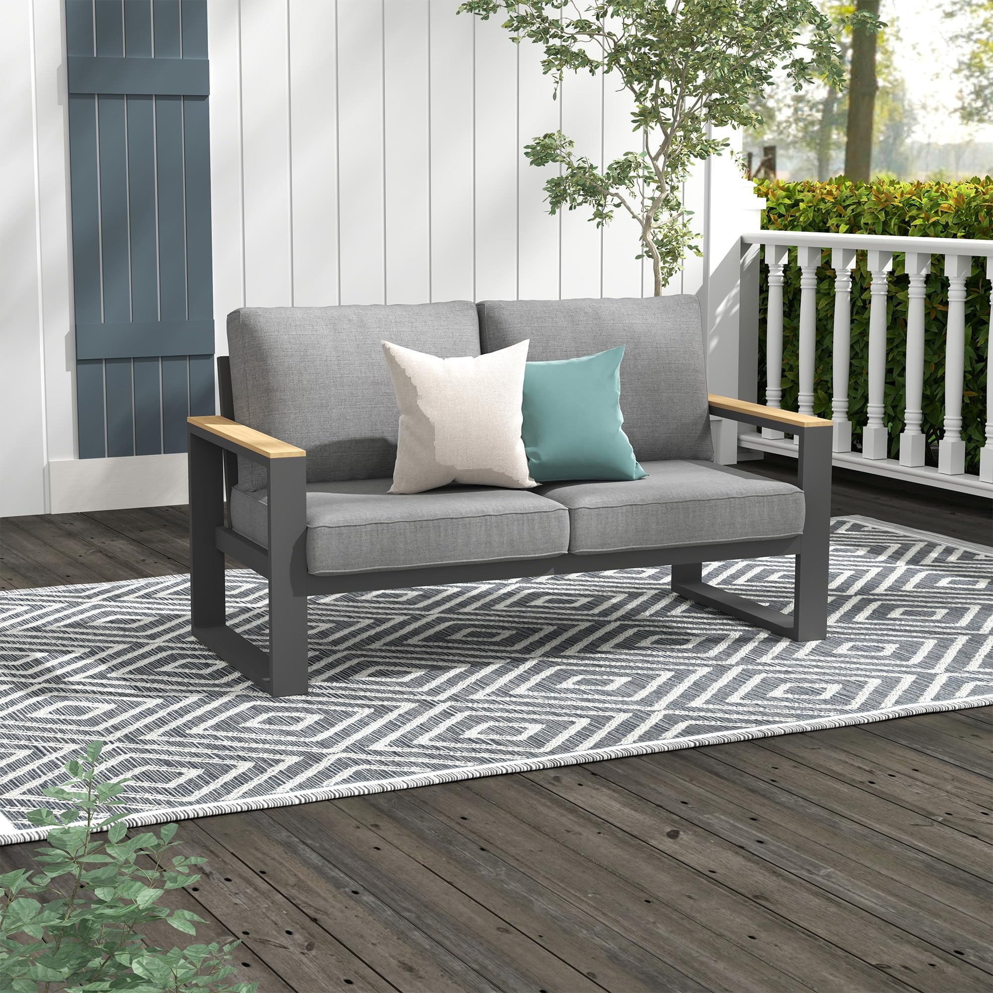 Heynemo Aluminum Outdoor Loveseat, All-Weather Metal Patio Furniture Sofa, Patio Sofa Chair for Porch Backyard Garden, Grey