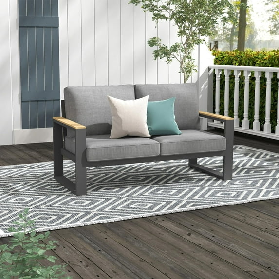 Heynemo Aluminum Outdoor Loveseat, All-Weather Metal Patio Furniture Sofa, Patio Sofa Chair for Porch Backyard Garden, Grey