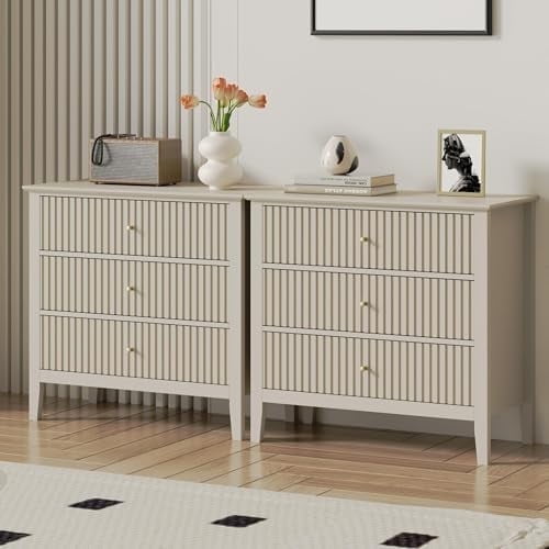 Heynemo Beige 30" Dressers Set of 2, Modern 3-Drawer Wood Nightstands for Bedroom, Living Room, Entryway