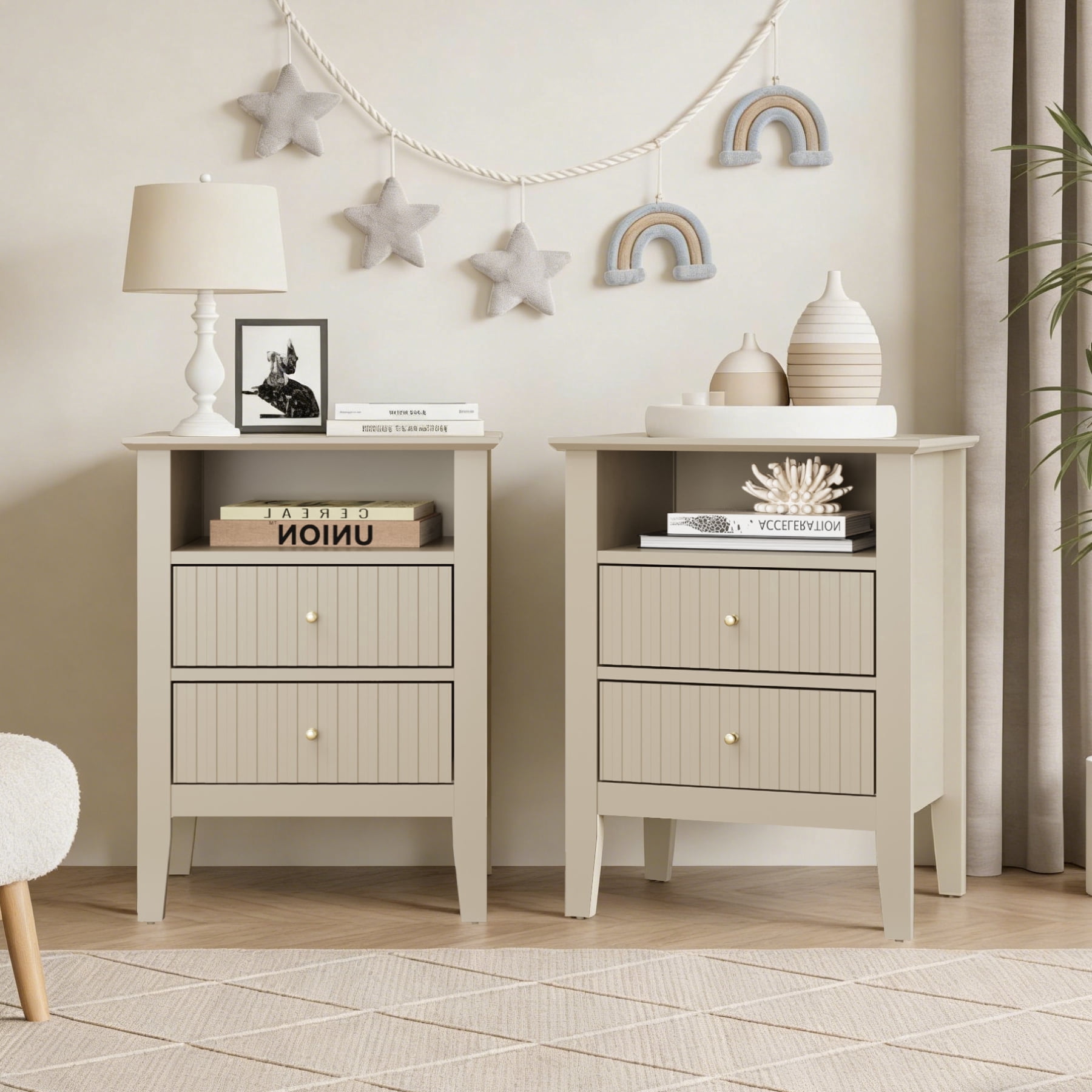 Heynemo Beige Fluted Nightstand with 2 Drawers Set of 2, Modern Wooden Sofa Table for Small Spaces, Tall End Table for Bedroom, Living Room