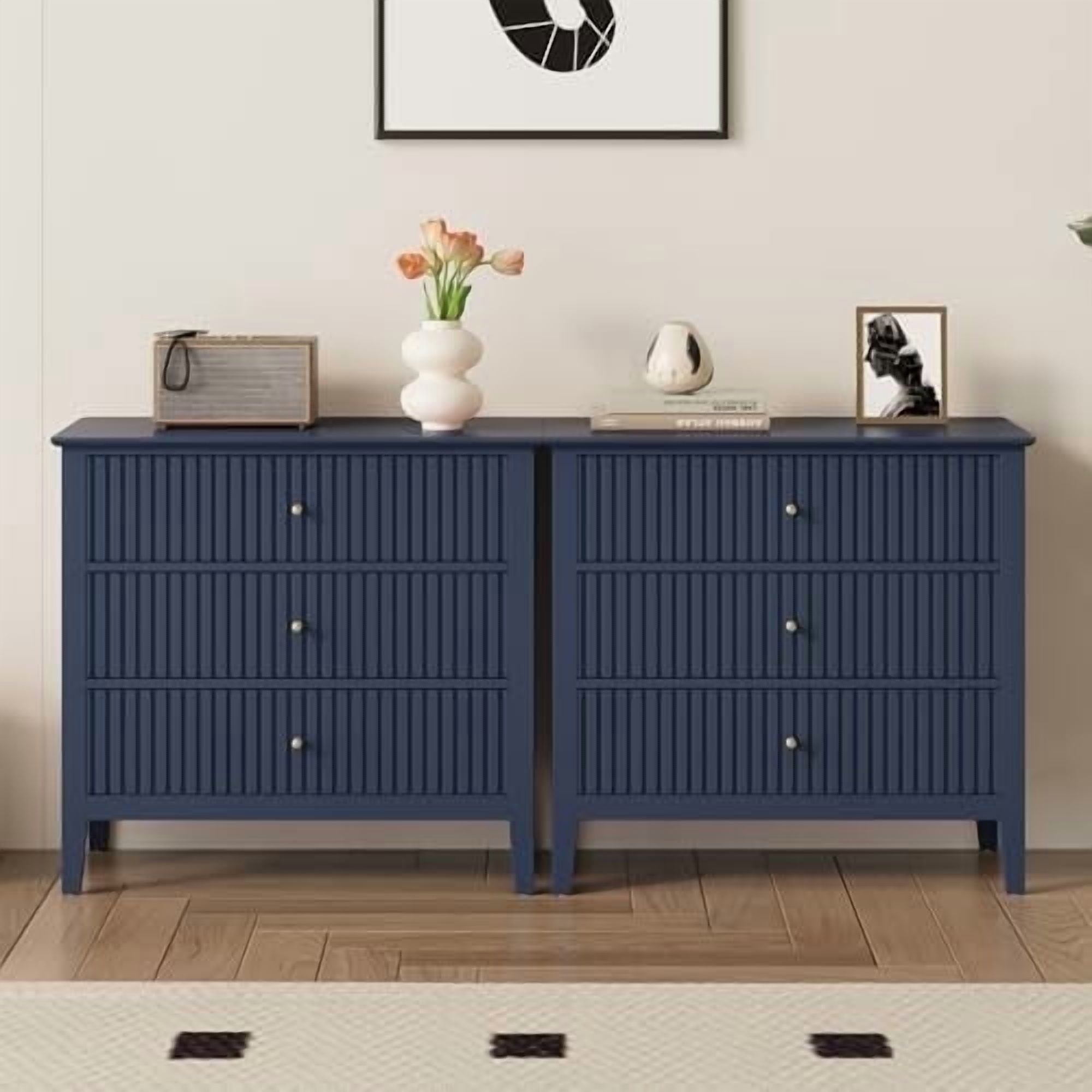 navy blue dresser set Blue Vintage Mid-century Modern Dresser Set | Gold Hardware & Detail | 9 Drawer Dresser + 1 Drawer Nightstand | Restored Furniture