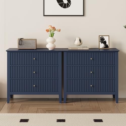 Heynemo Blue 30" Dressers Set of 2, Modern 3-Drawer Wood Nightstands with Ball Bearing Slides, Wide Storage Chests for Bedroom, Living Room, Entryway or Office