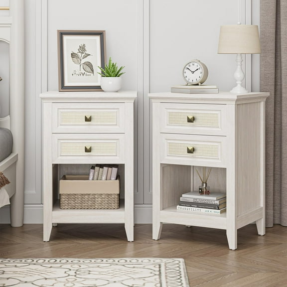 Heynemo Boho Rattan Wood Accent Nightstand with Drawer, 27" Tall End Table with Storage Shelf, Grayish White Side Table