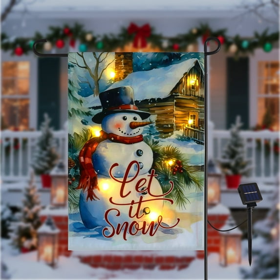 Heynemo Christmas Solar Garden Flag with Lights, LED 12"x18" Double-Sided Snowman Yard Flag, Snowman Garden Decoration for Lawn, Porch, Path