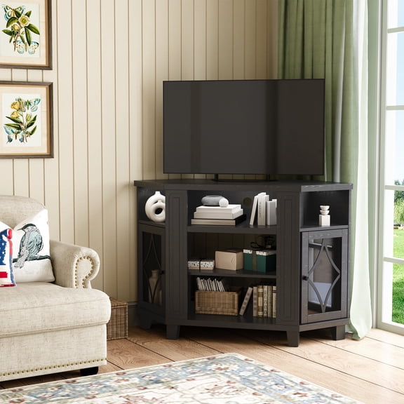 Heynemo Corner TV Stands for TVs up to 55'', Media Console Table with Adjustable Shelves, Acrylic Doors with Double-Diamond Design, Wood Modern Entertainment Center for Living Room Bedroom, Black