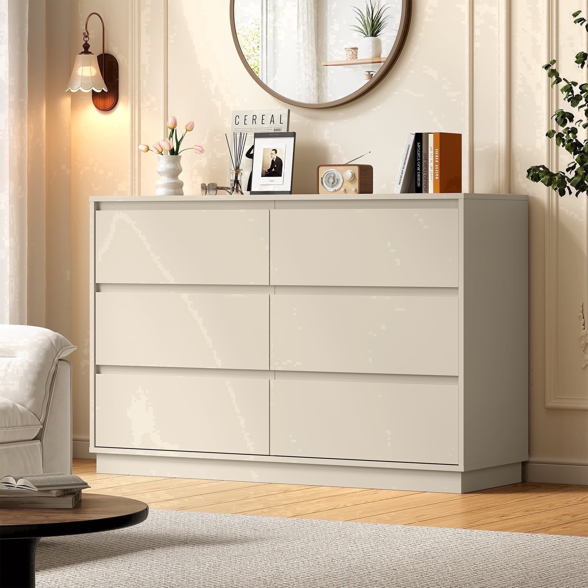 Heynemo Dresser with 6 Drawers for Bedroom, Chest of Drawer with Charging Station for Living Room, Beige