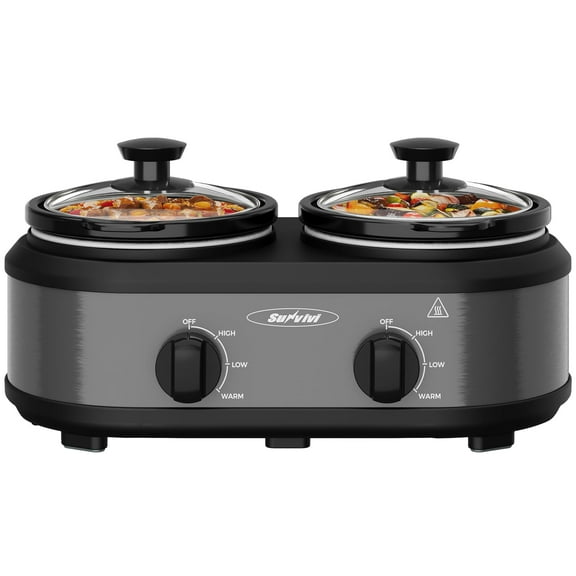 Heynemo Dual Slow Cooker, Buffet Server & Warmer with 2 Removable Ceramic Pots, 3 Adjustable Temp Settings & 2 Visible Glass Lids, Stainless Steel, 2.5 QT Grey