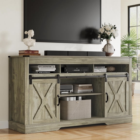 Heynemo Farmhouse TV Stand for 65+ Inch TV, Tall Entertainment Center with Storage Cabinets and Sliding Barn Doors, Mid Century Modern Media TV Console Table for Living Room (Light Rustic Oak)