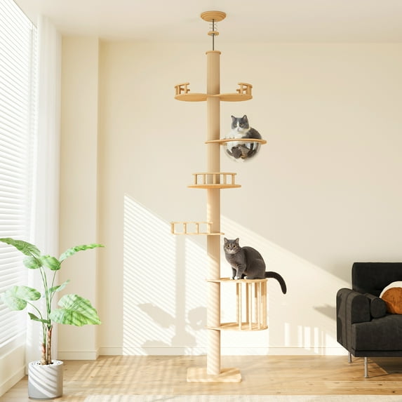 Heynemo Floor to Ceiling Cat Tree Tower Adjustable Height Multi-Level with Acrylic Capsule Sisal Scratching Posts Stable Stylish for Kittens & Large Cats
