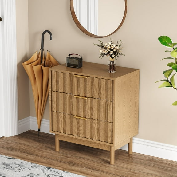 Heynemo Fluted 3 Drawer Dresser, Wood Closet Organizer for Bedroom, Living Room, Entryway, Natural Wood Tone