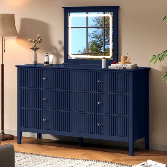 Heynemo Fluted 6 Drawer Dresser with Lighted Mirror, Wide Modern Chests of Drawers for Bedroom, Living Room, Hallway, Blue