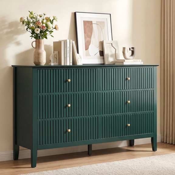 Heynemo Fluted Dresser with 6 Drawers, Modern Wood Chest of Drawers with Painted Surface for Bedroom, Living Room, Hallway, Green