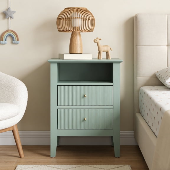 Heynemo Green Fluted Nightstand with 2 Drawers, Modern Wooden Sofa Table for Small Spaces, Tall End Table for Bedroom, Living Room