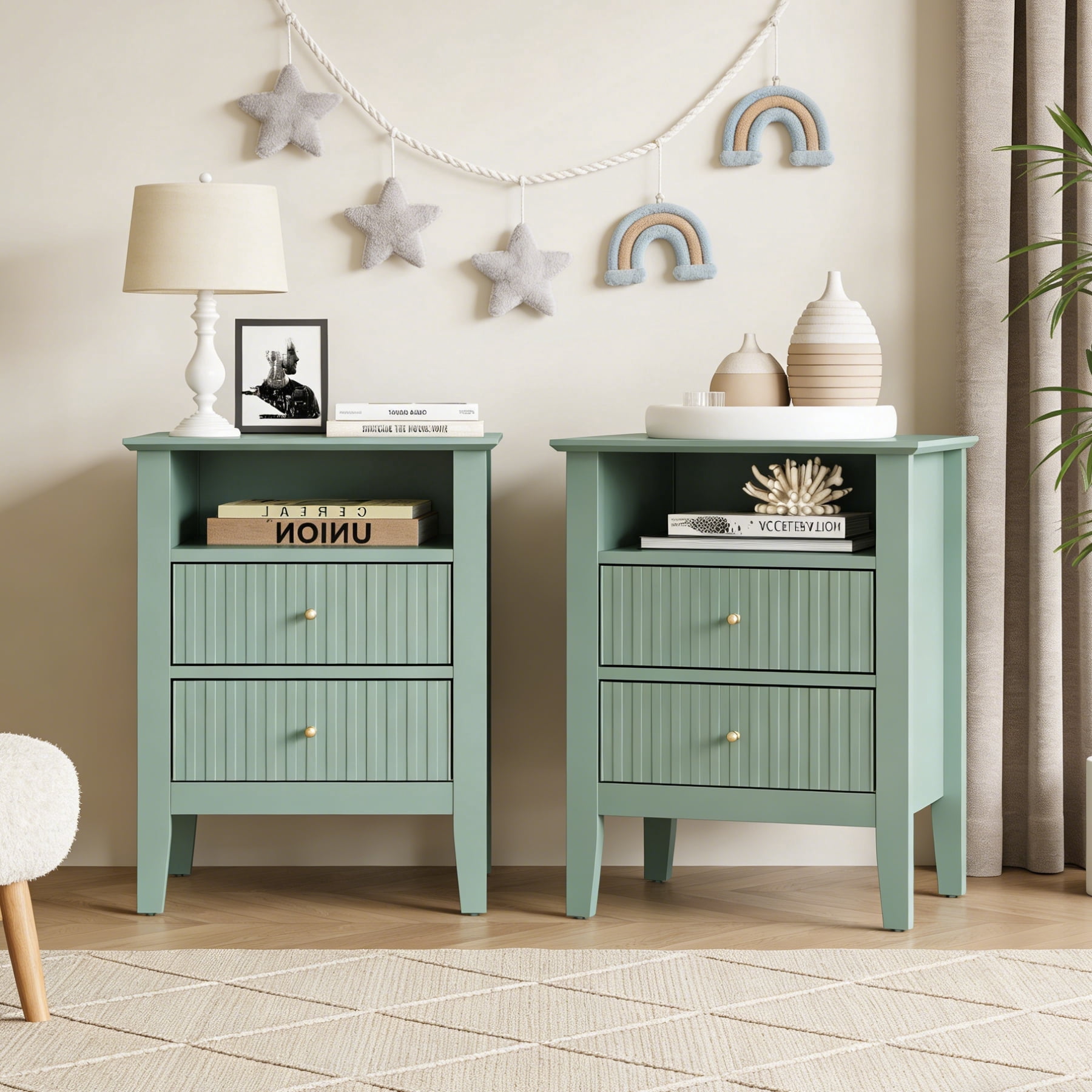 Heynemo Green Fluted Nightstand with 2 Drawers Set of 2, Modern Wooden Sofa Table for Small Spaces, Tall End Table for Bedroom, Living Room