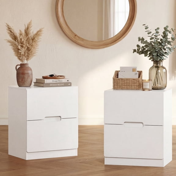 Heynemo Handless Nightstand Set of 2, Modern End Table with 2 Drawers, Side Table for Bedroom, Living Room, Hallway, White