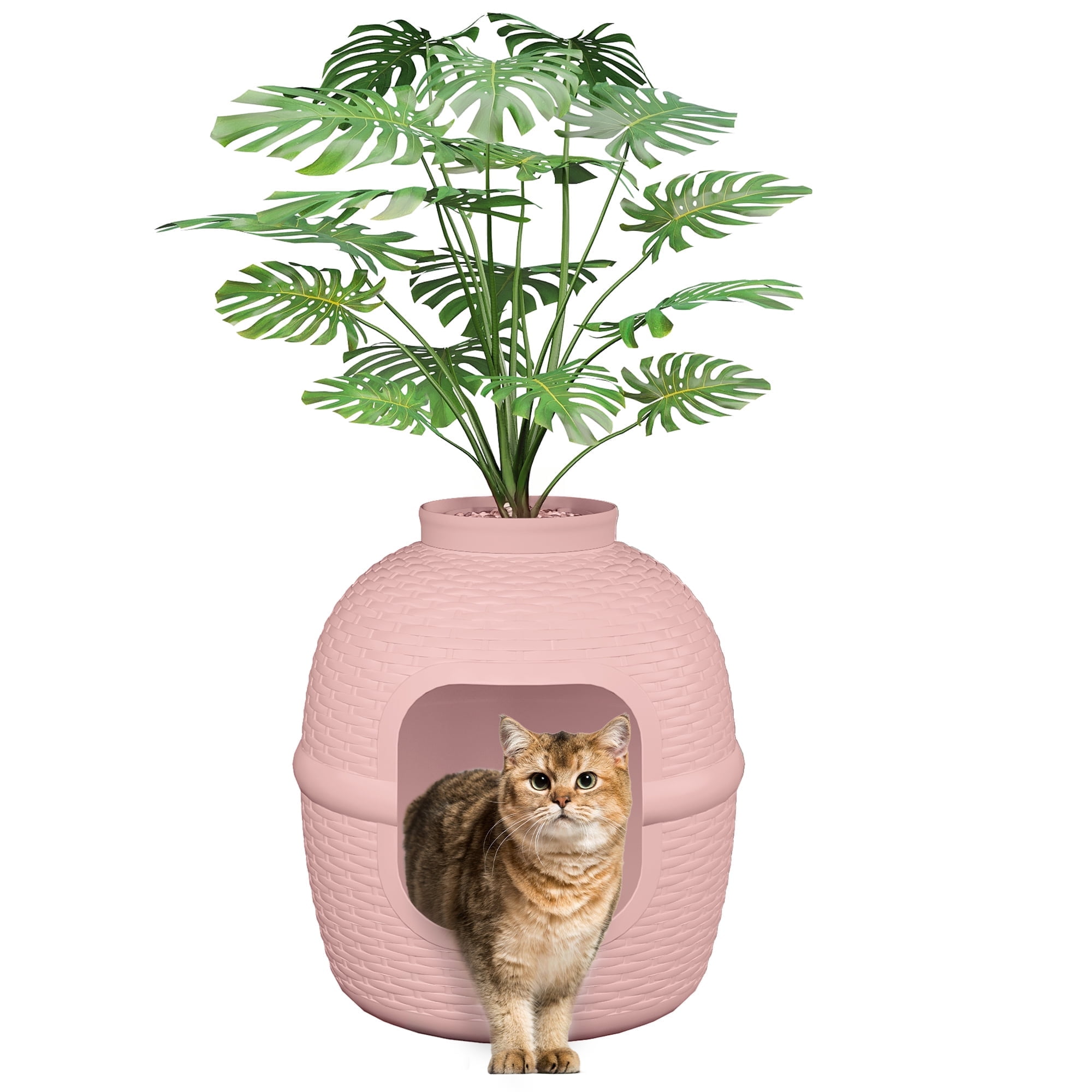 Superjoe Hidden Litter Box with Faux Plant, Large Cat Litter Box with Rattan Pattern, Heavy Duty PP Material Litter Box Enclosure Furniture for Home Decor,Pink