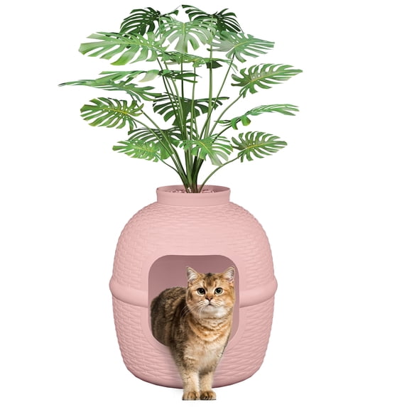 Superjoe Hidden Litter Box with Faux Plant, Large Cat Litter Box with Rattan Pattern, Heavy Duty PP Material Litter Box Enclosure Furniture for Home Decor,Pink