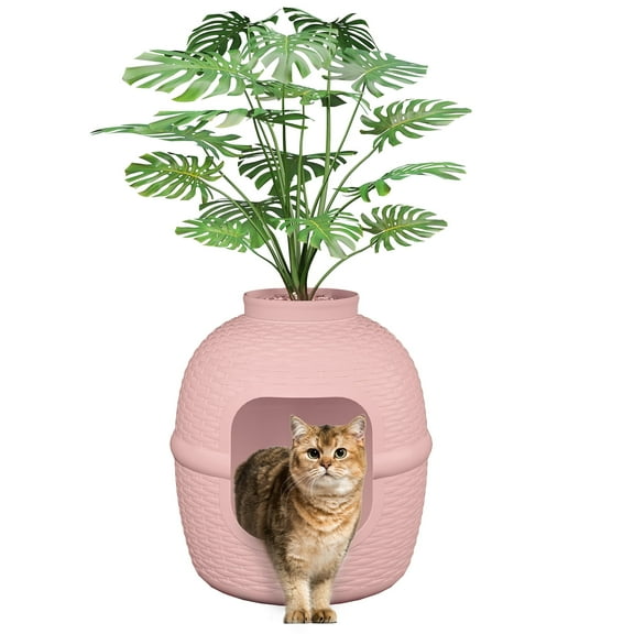 Superjoe Hidden Litter Box with Faux Plant, Large Cat Litter Box with Rattan Pattern, Heavy Duty PP Material Litter Box Enclosure Furniture for Home Decor,Pink