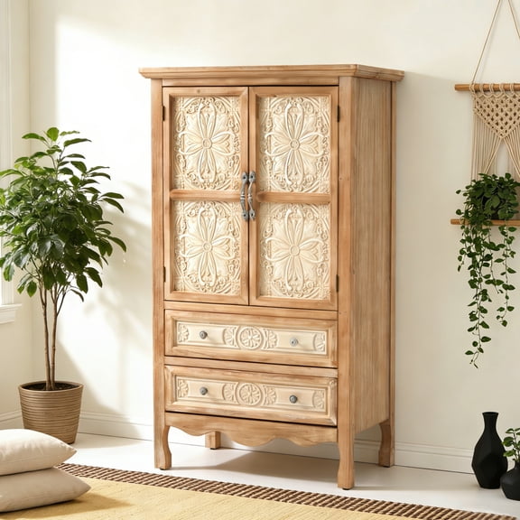Heynemo Kitchen Pantry Storage Cabinet, 48" Kitchen Pantry Cabinet with 2 Doors and 2 Drawers, Accent Wood Cabinet for Kitchen, Dining Room, Living Room, Natural