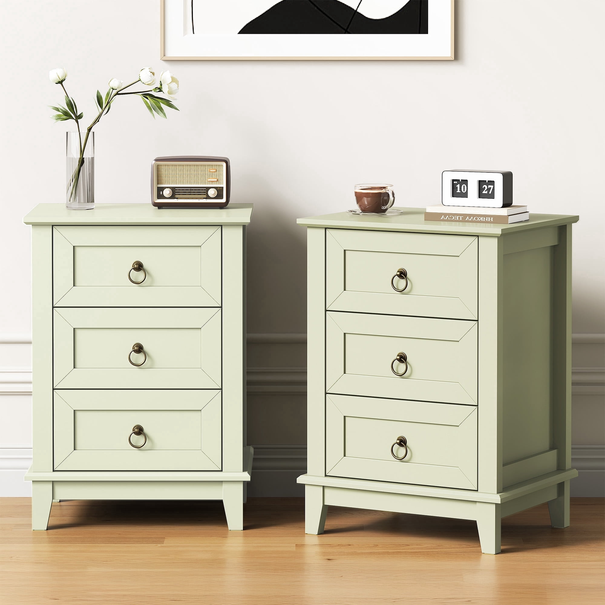 Heynemo Light Green Nightstand Set of 2: Modern 3-Drawer Dressers, Tall Narrow Bedside Tables with Smooth Gliding Drawers for Bedroom