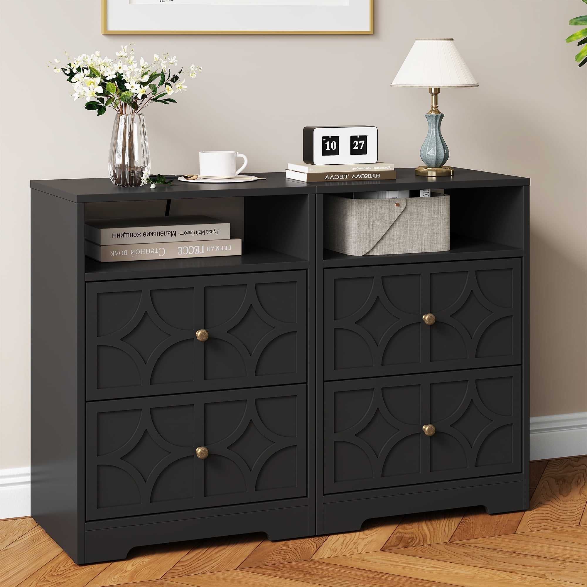 Heynemo Modern Accent Side Table Set of 2 with 2 Drawers, Gold Knobs, and Diamond Carvings, Large Night Stand for Living Room, Bedroom, Entryway, Black