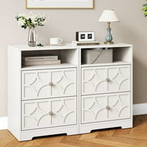 Heynemo Modern Accent Side Table Set of 2 with 2 Drawers, Gold Knobs, and Diamond Carvings, Large Night Stand for Living Room, Bedroom, Entryway, White