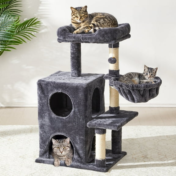 Heynemo Multi-Level Cat Tree Tower for Large Cats with Scratching Posts, Condos, Perch, Hammocks & Toys – Modern Indoor Cat Jungle Gym for 2–3 Cats, 19.7" x 15.7" x 35.8", Dark Grey