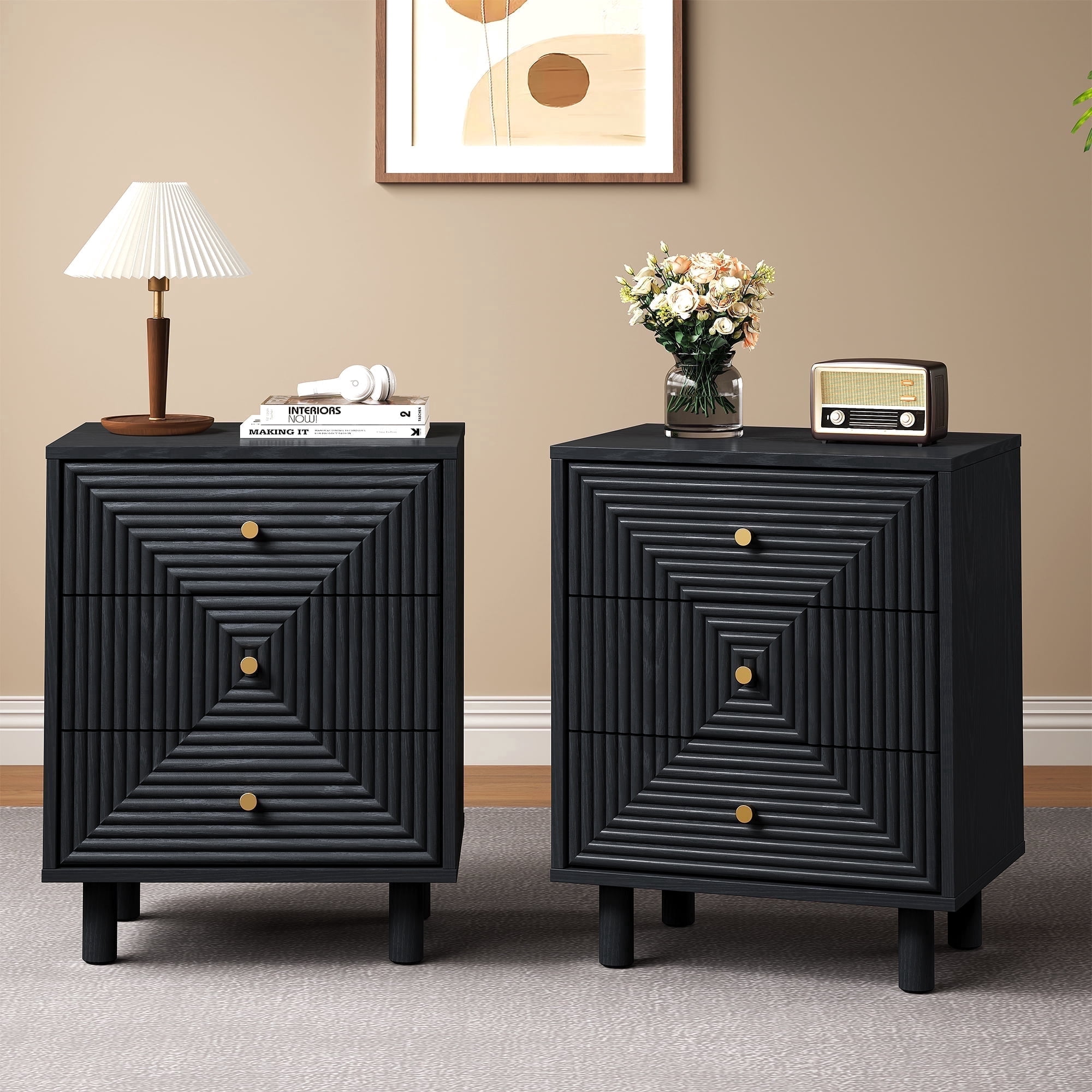 Heynemo Nightstand with 3 Drawers Set of 2, Modern Chest of Drawers for Bedroom, Living Room, Entryway, Black