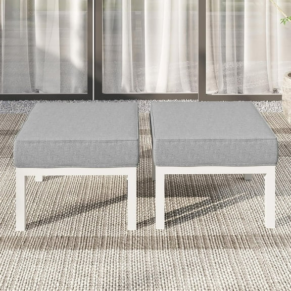 Heynemo 2-Pack Aluminum Patio Ottomans, All-Weather Outdoor Footstools with Removable Cushions, Rust-Resistant Footrest Seats for Garden, Backyard, Poolside, White
