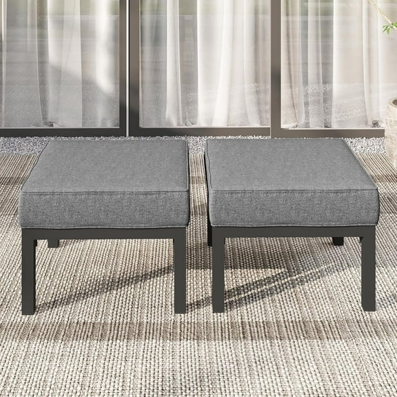 Heynemo 2-Pack Aluminum Patio Ottomans, All-Weather Outdoor Footstools with Removable Cushions, Rust-Resistant Footrest Seats for Garden, Backyard, Poolside, Gray