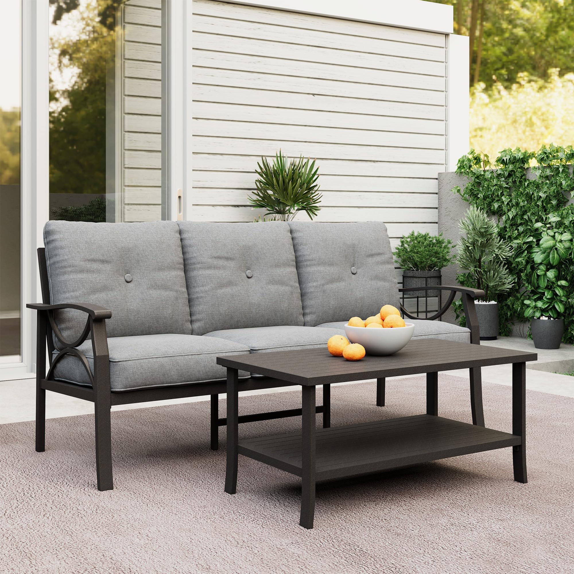 Heynemo Outdoor Patio Furniture Set, 2 Piece Patio Conversation Set, Metal Furniture Set with 3 seat Sofa for Porch Backyard,Khaki Metal Furniture with Gray Cushions