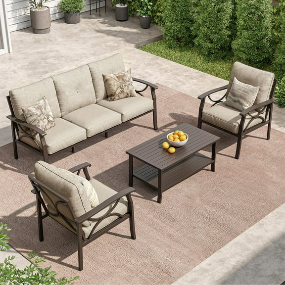 Heynemo Outdoor Patio Furniture Set, 4 Piece Patio Conversation Set with Coffee Table, Metal Furniture Set for Porch Backyard Garden, Coffee