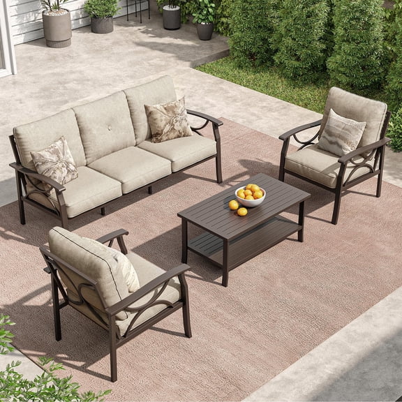 Heynemo Outdoor Patio Furniture Set, 4 Piece Patio Conversation Set with Coffee Table, Metal Furniture Set for Porch Backyard Garden, Coffee