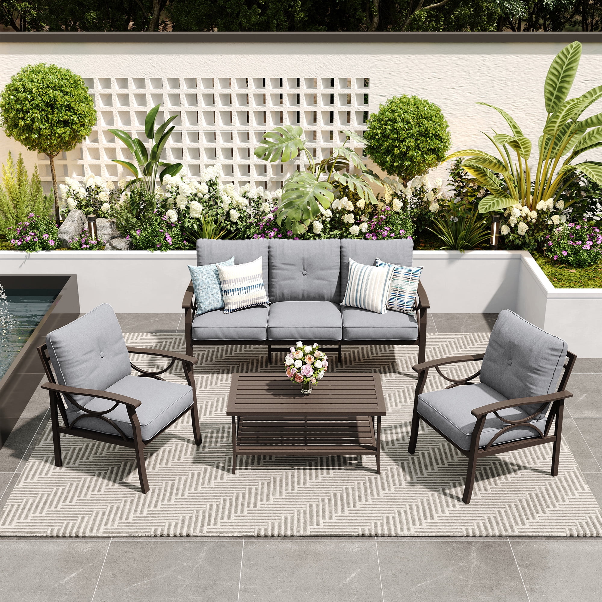 Heynemo 5-Seater Outdoor Patio Furniture Set, 4 Piece Patio Conversation Set with Coffee Table, Metal Furniture Set for Porch Backyard Garden, Grey