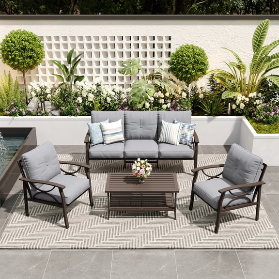 Heynemo 5-Seater Outdoor Patio Furniture Set, 4 Piece Patio Conversation Set with Coffee Table, Metal Furniture Set for Porch Backyard Garden, Grey