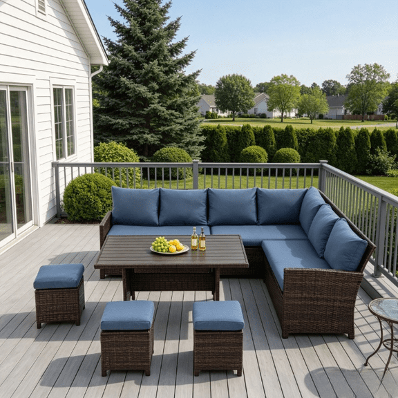 Heynemo Outdoor Patio Furniture Set, 7 Piece Outdoor Dining Sectional Sofa with Dining Table and Chair, All Weather Wicker Conversation Set with Ottoman, Blue
